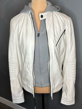 Express Off White Quilted-Panel Moto Leather Jacket